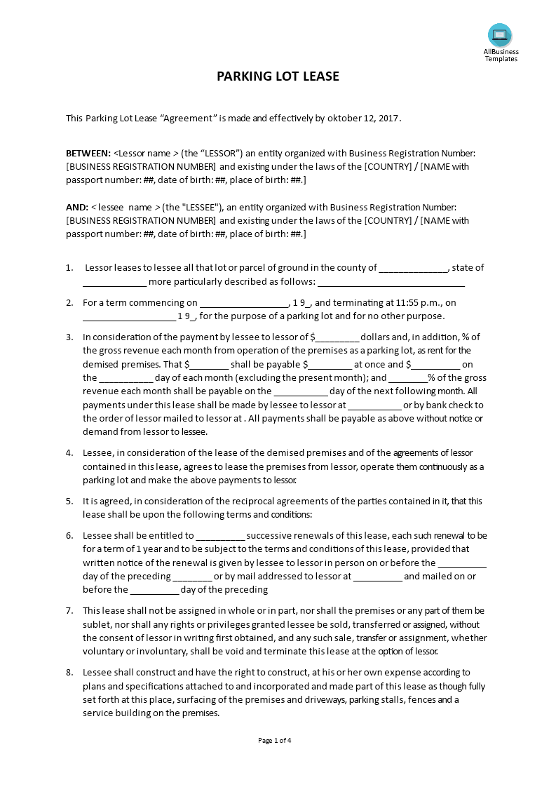 parking lot lease agreement template