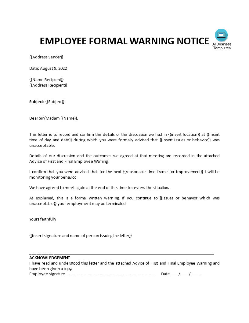 formal employment warning letter template