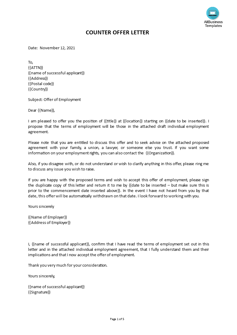 sample counter offer letter of employment voorbeeld afbeelding 