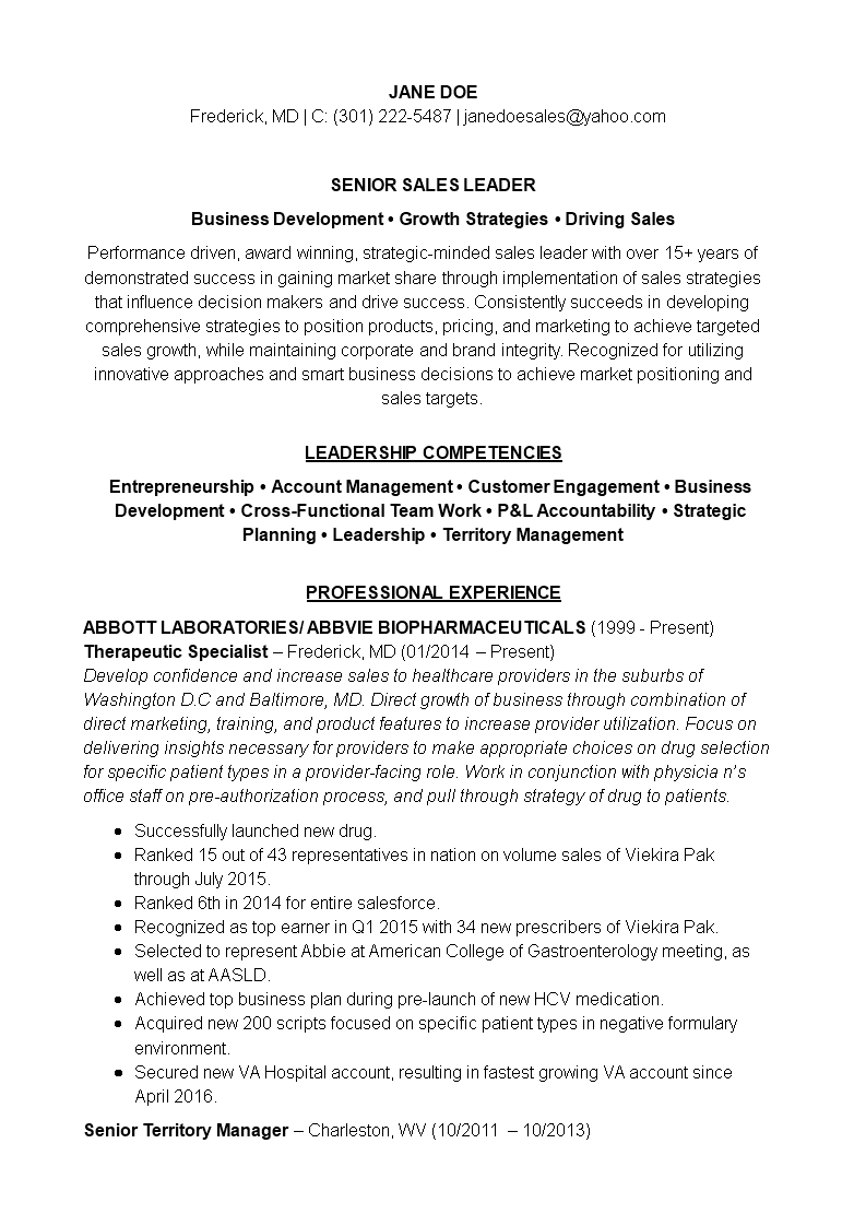 Healthcare Sales Manager Resume main image