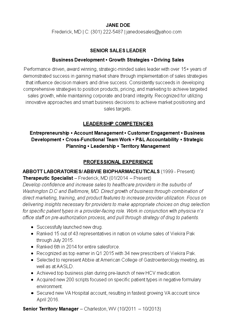 healthcare sales manager resume modèles