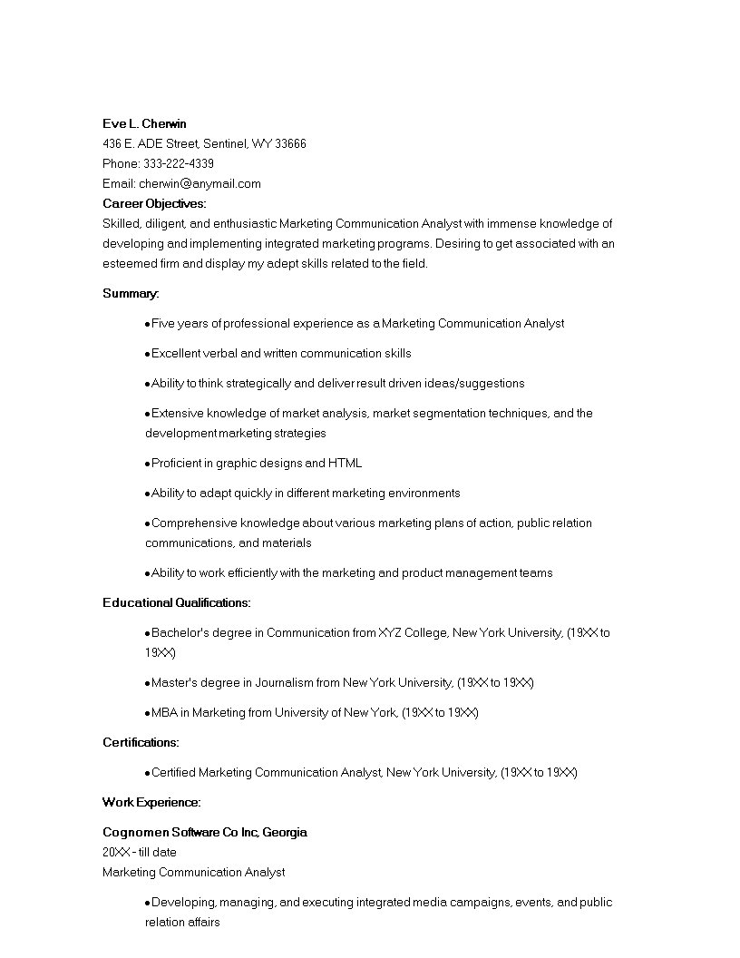 marketing communications analyst resume Hauptschablonenbild