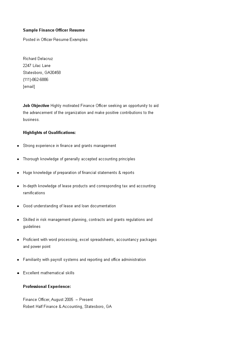 finance officer resume modèles