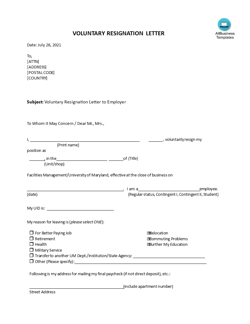 Voluntary Resignation Letter To Employer Templates At Allbusinesstemplates Com