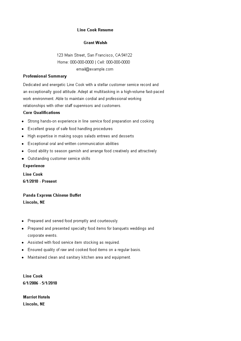 line cook resume modèles