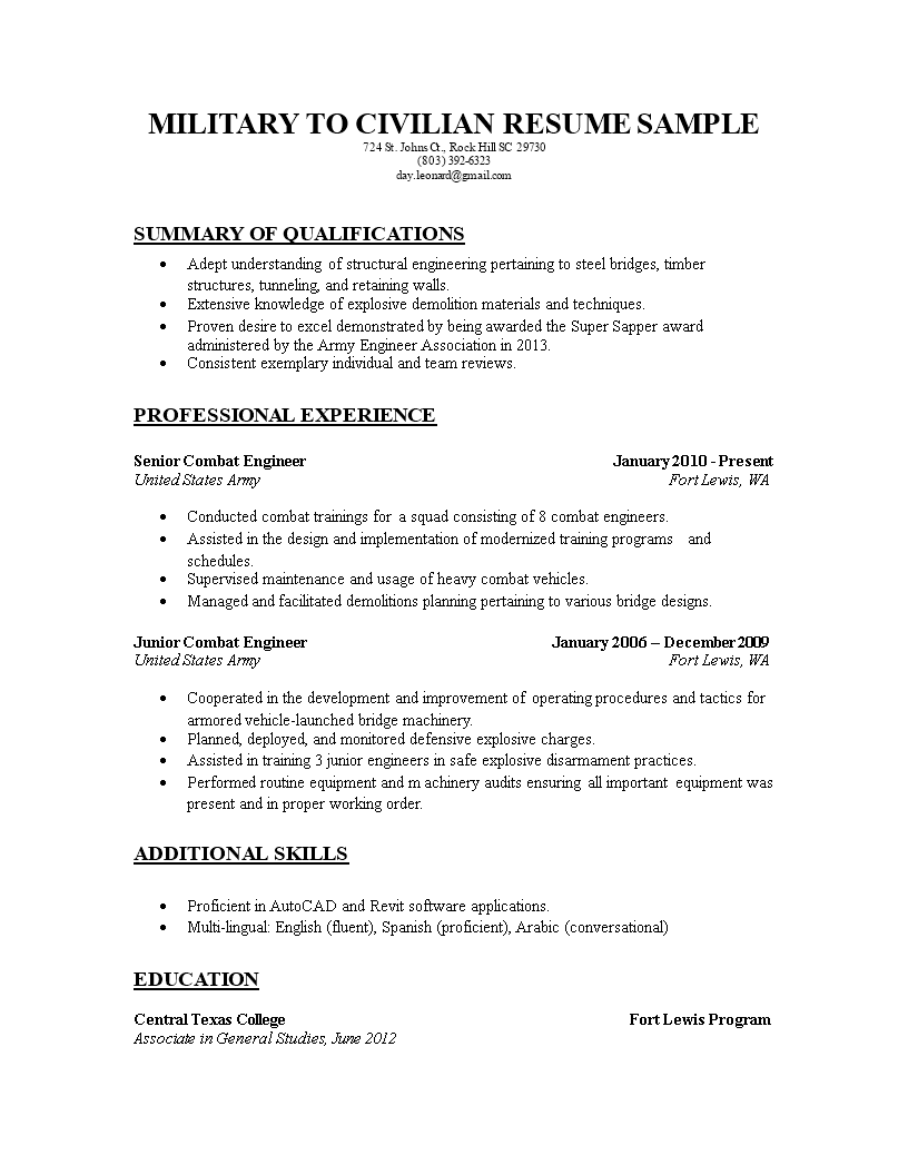 military to civilian resume sample Hauptschablonenbild