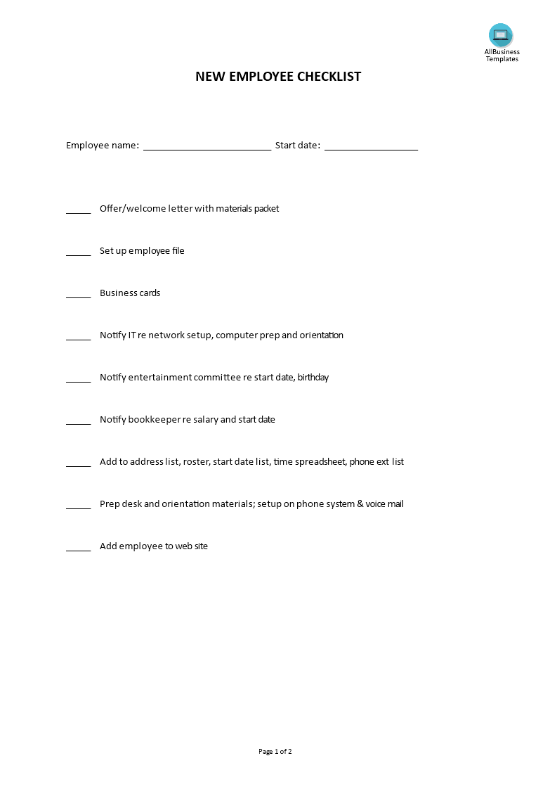 hr new employee checklist template