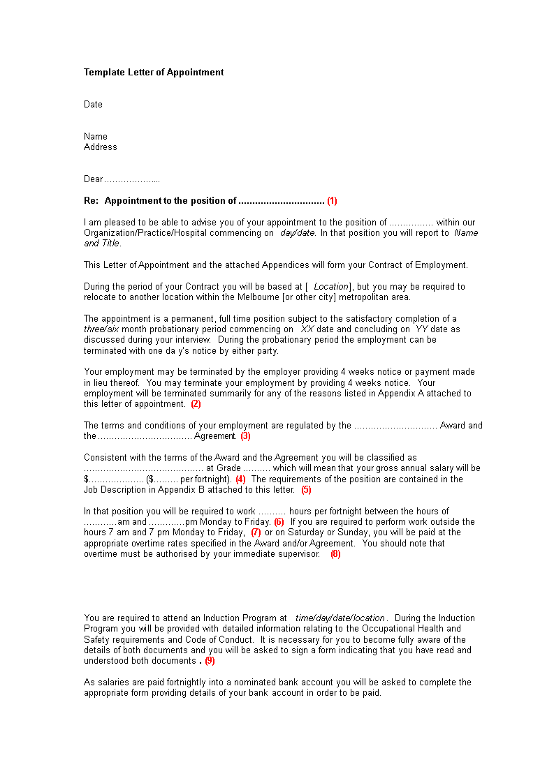 standard letter of appointment format template