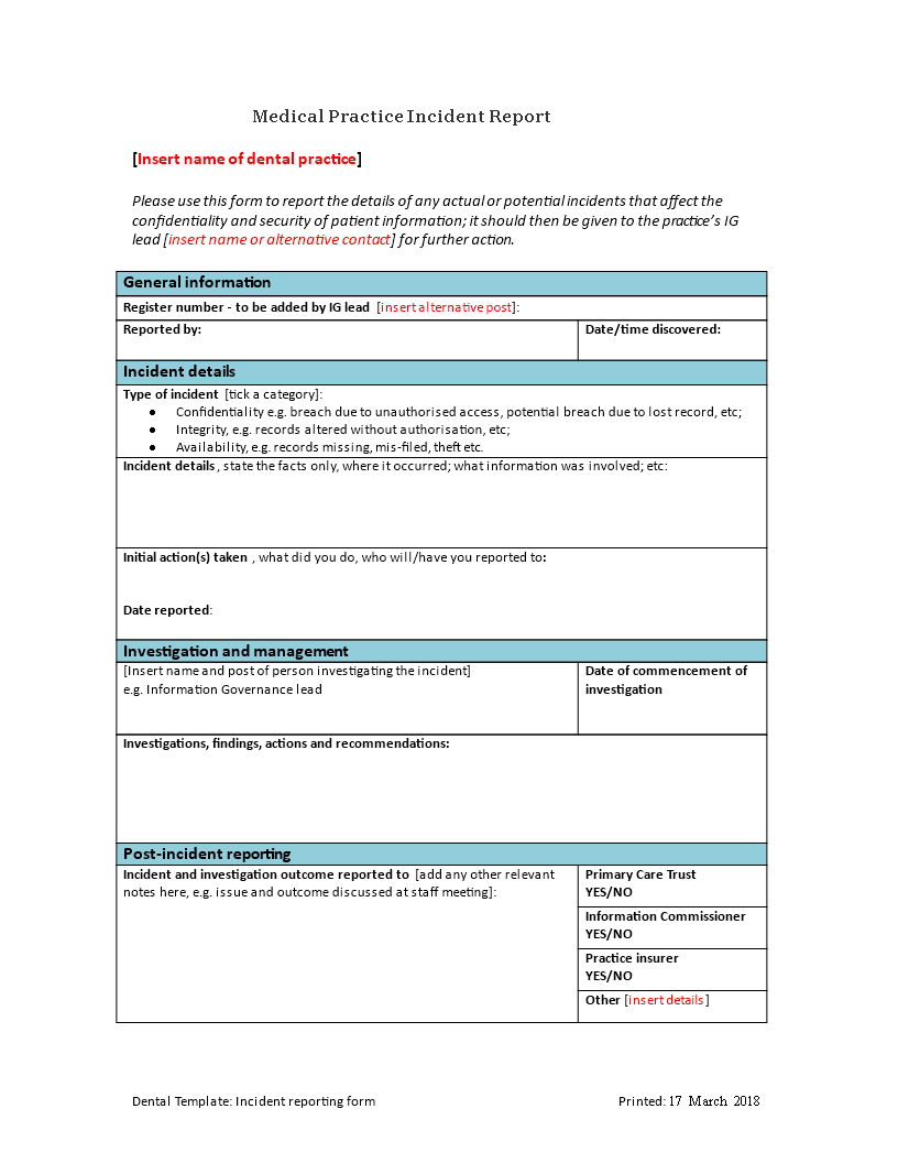 Kostenloses Medical Practice Incident Report For Incident Report Register Template