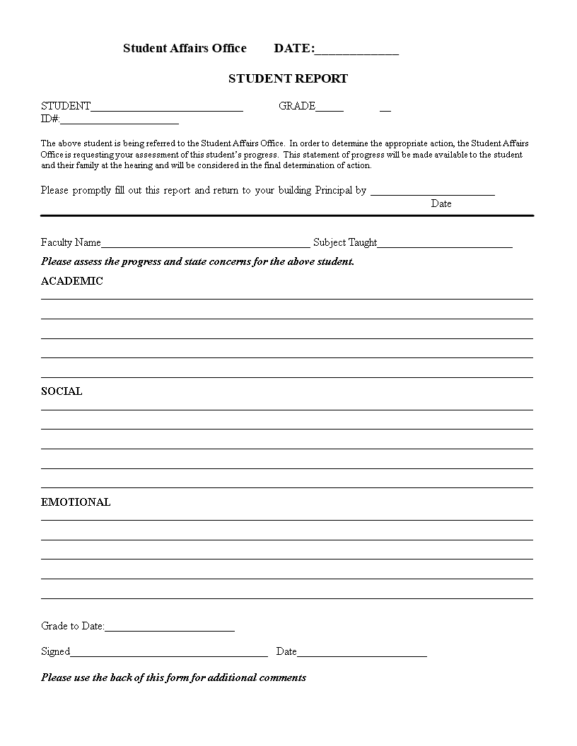 student evaluation report template