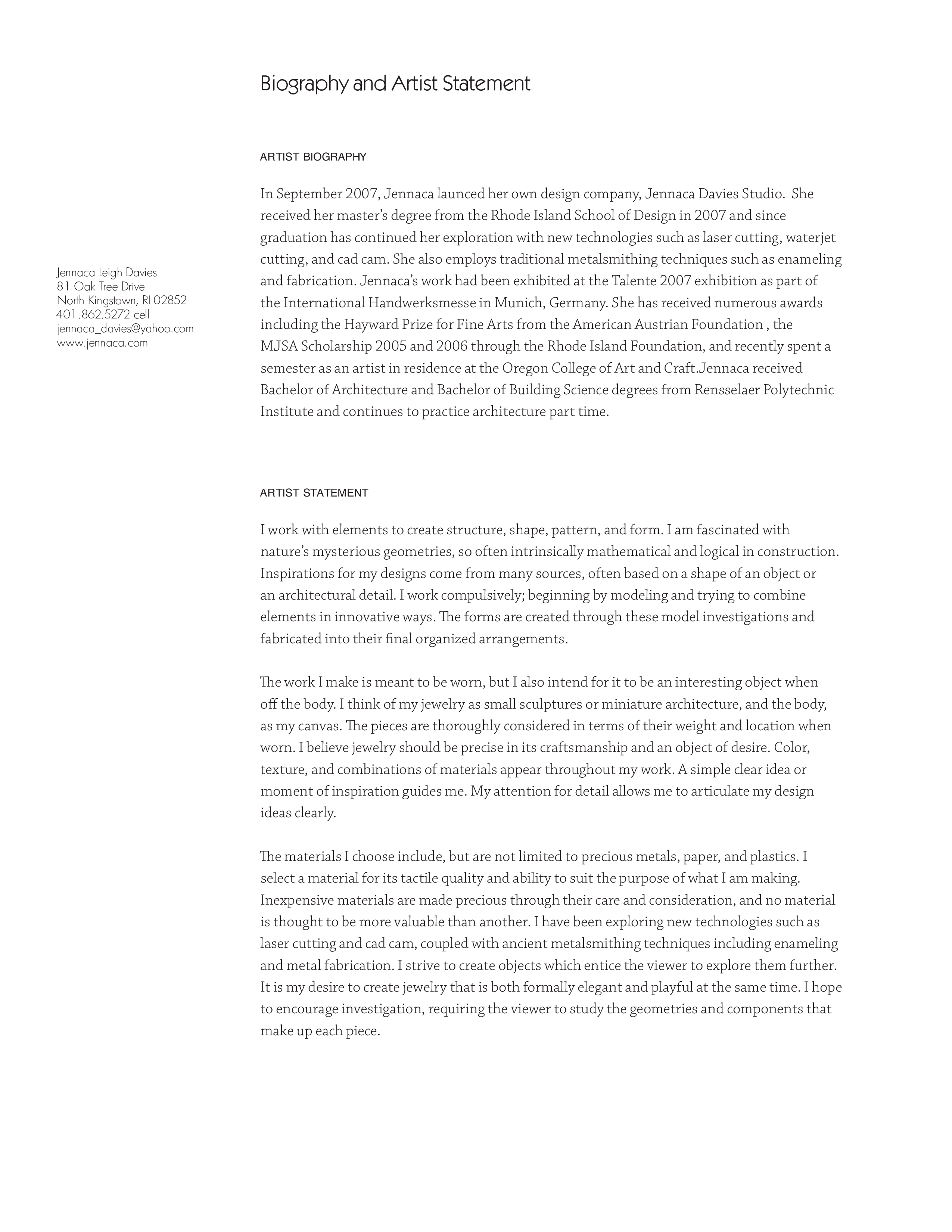 jewelry artist statement modèles