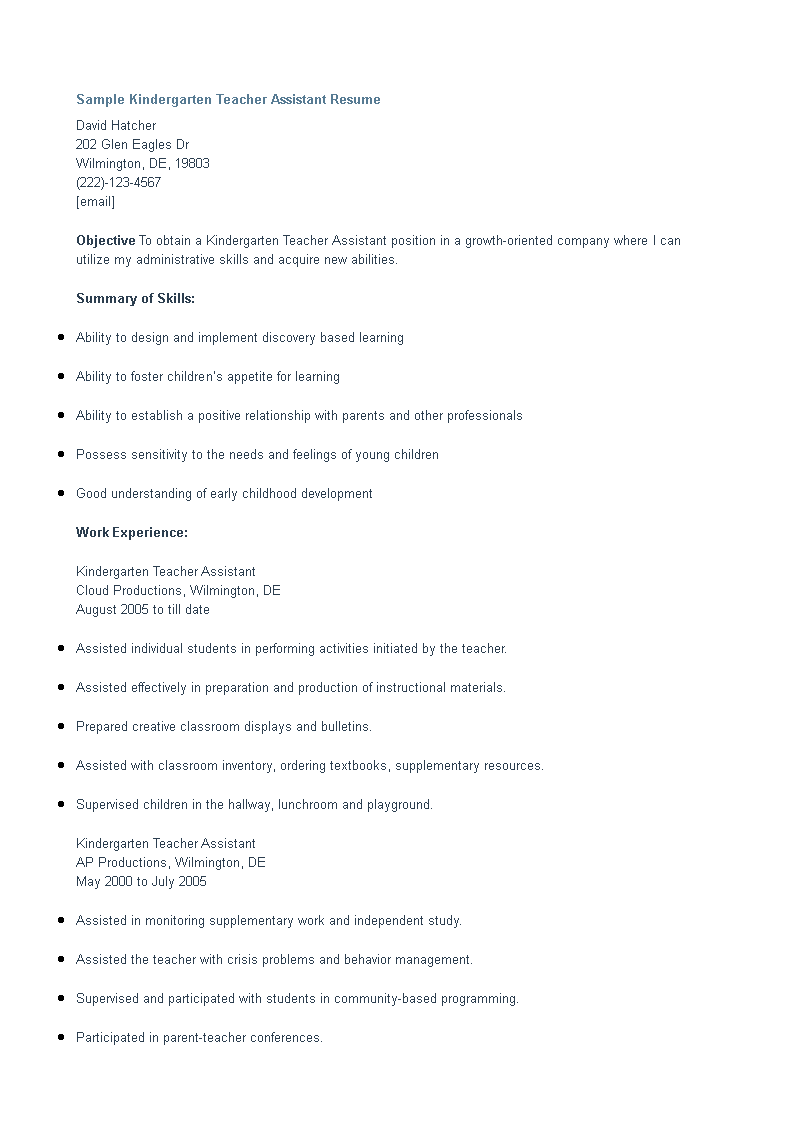 Kindergarten Assistant Teacher Resume main image