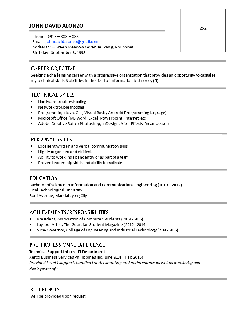 Resume Fresh Graduate Without Work Experience main image