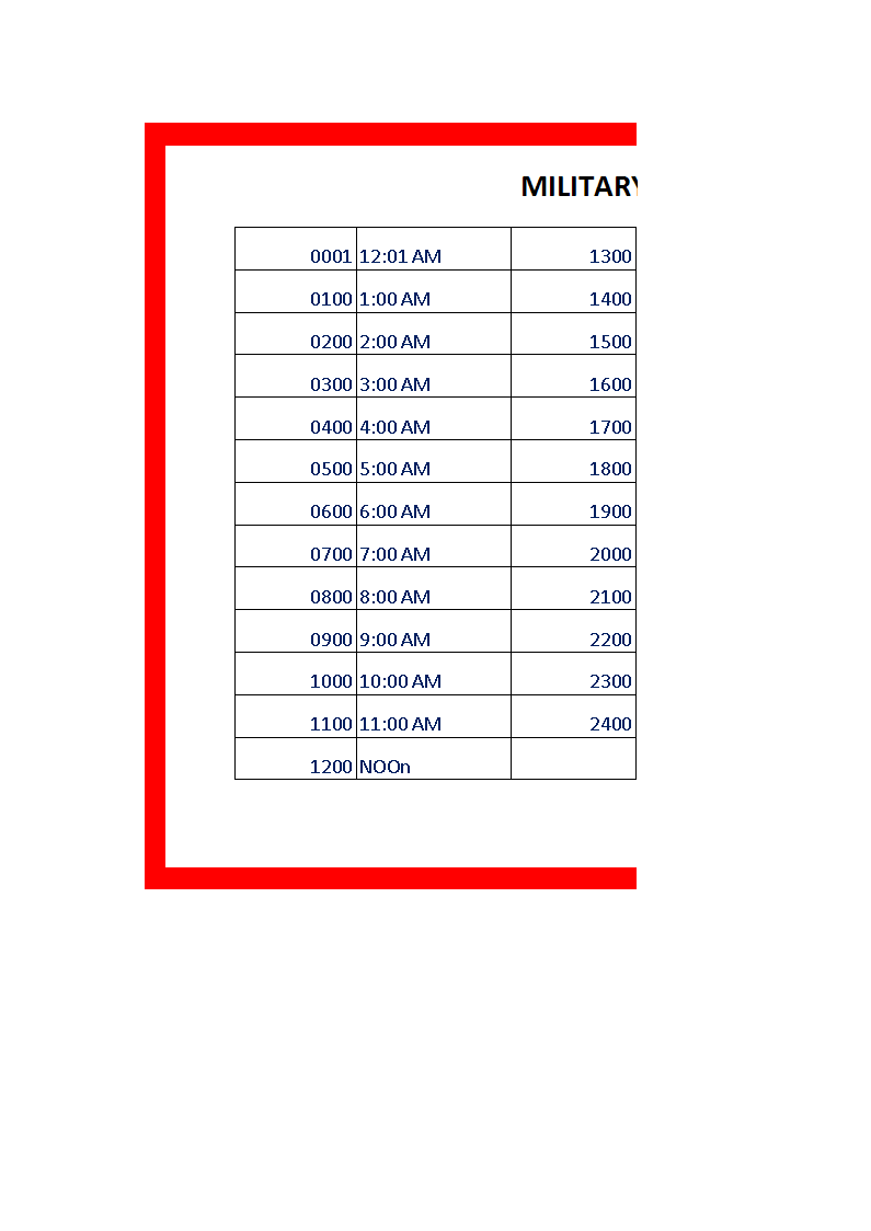Military Time Chart Template in Excel main image