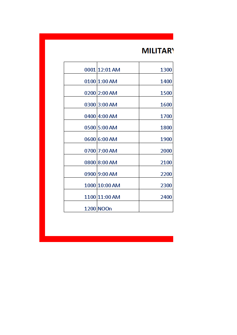 Military Time Chart Template in Excel 模板