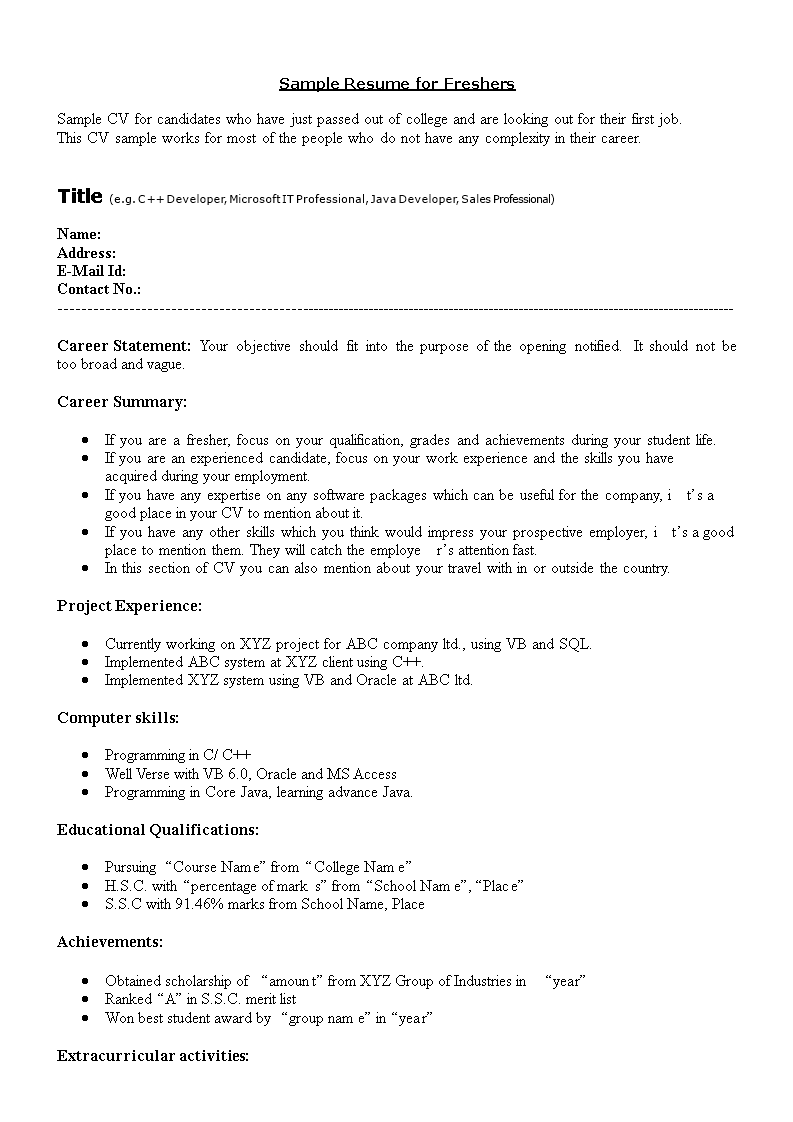 sample resume for freshers voorbeeld afbeelding 