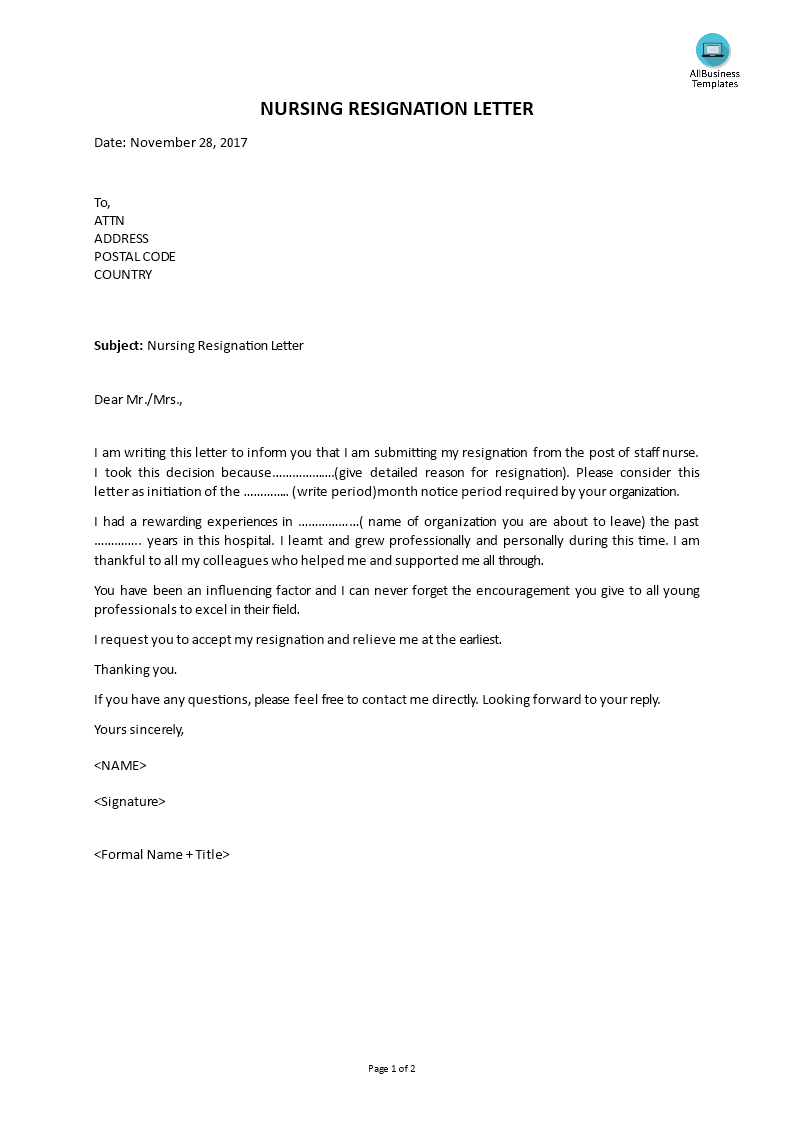 nursing resignation letter template