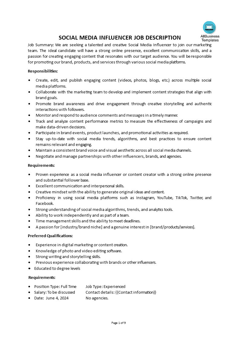 Social Media Influencer job description main image