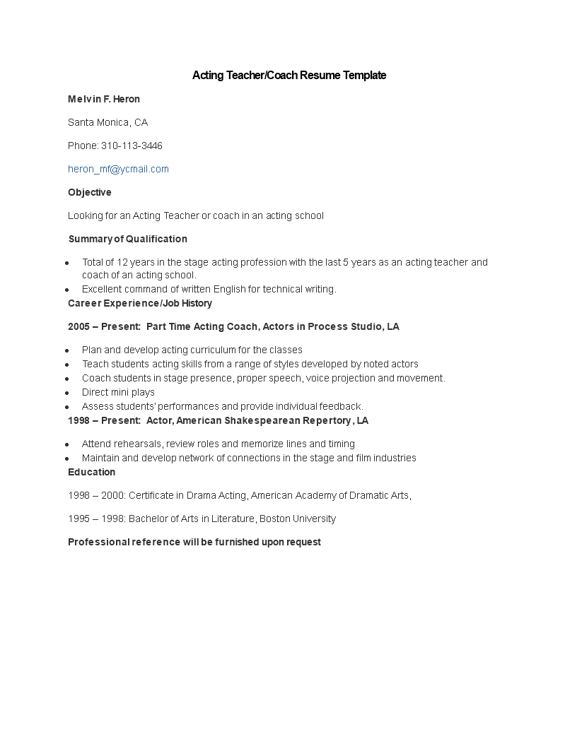 acting teacher coach resume for acting school voorbeeld afbeelding 