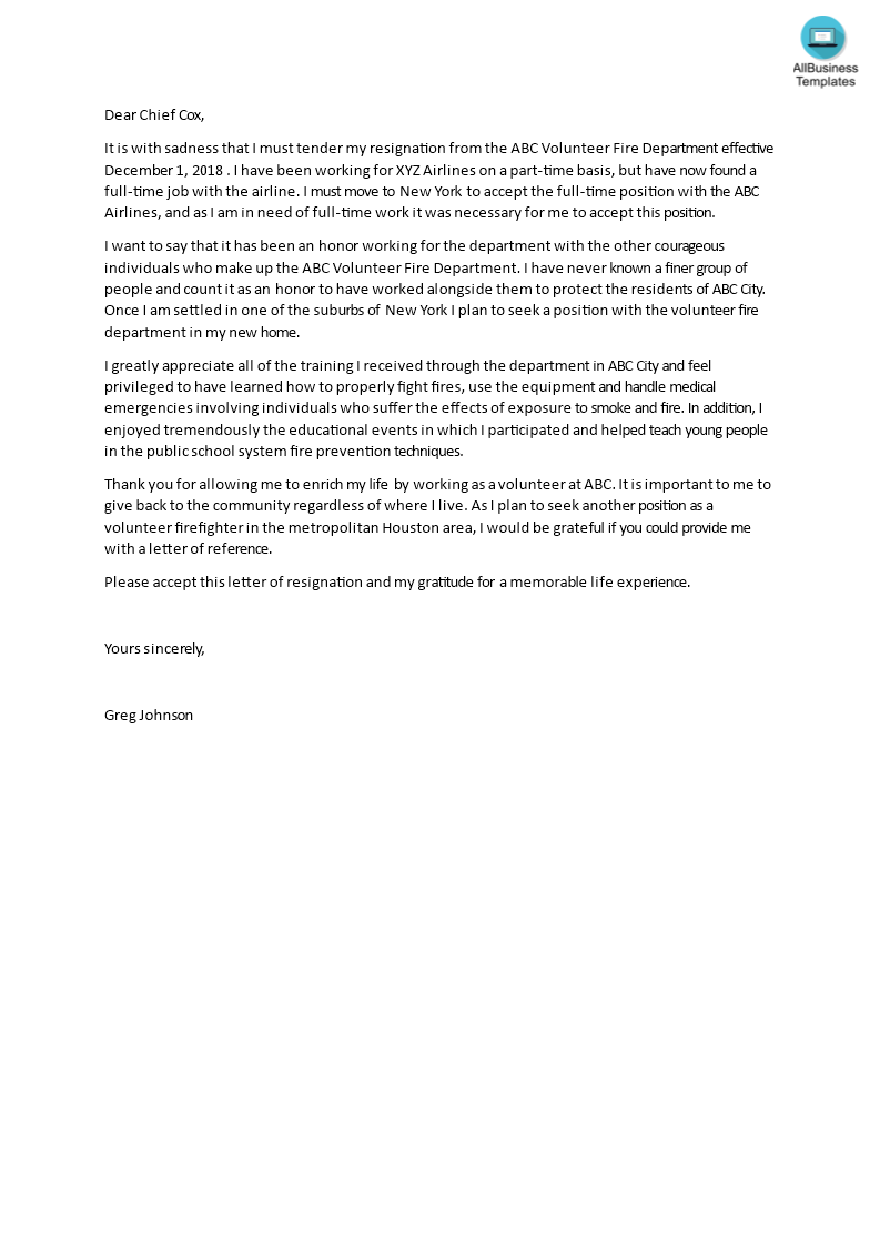 Volunteer Fire Department Resignation Letter main image