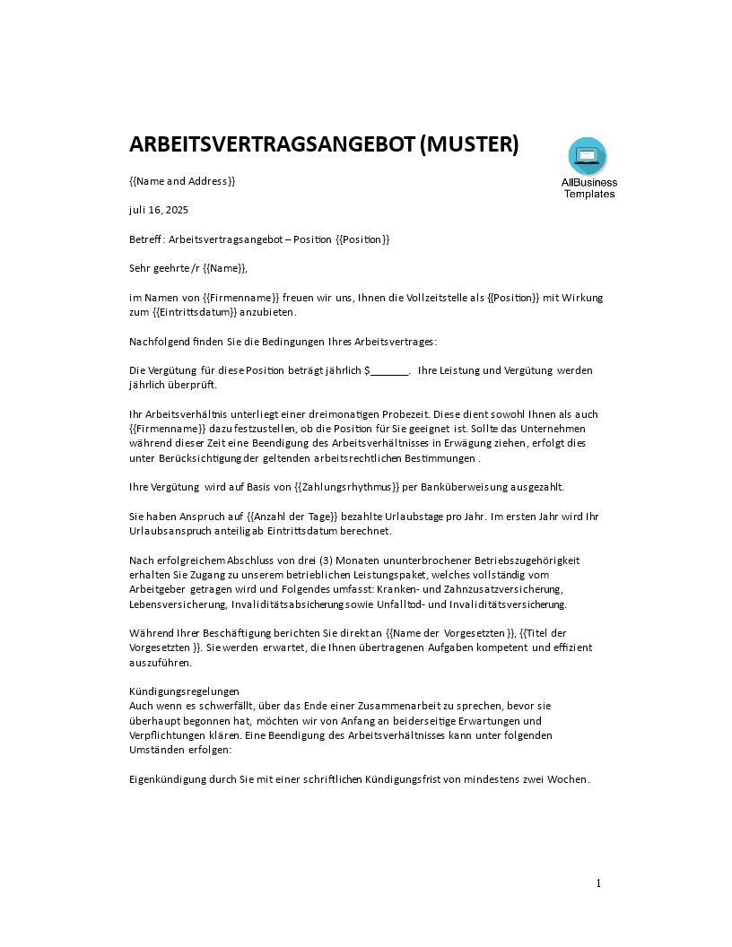 arbeitsvertragsangebot beispiel Hauptschablonenbild