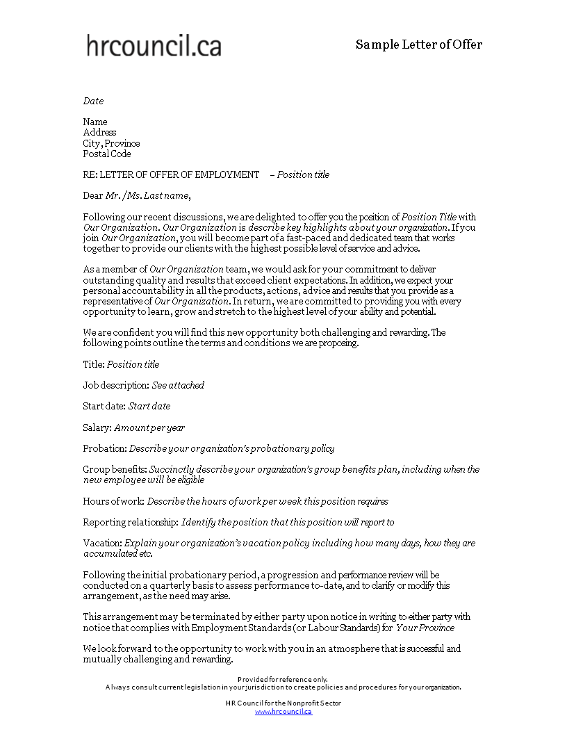 offer of employment letter template