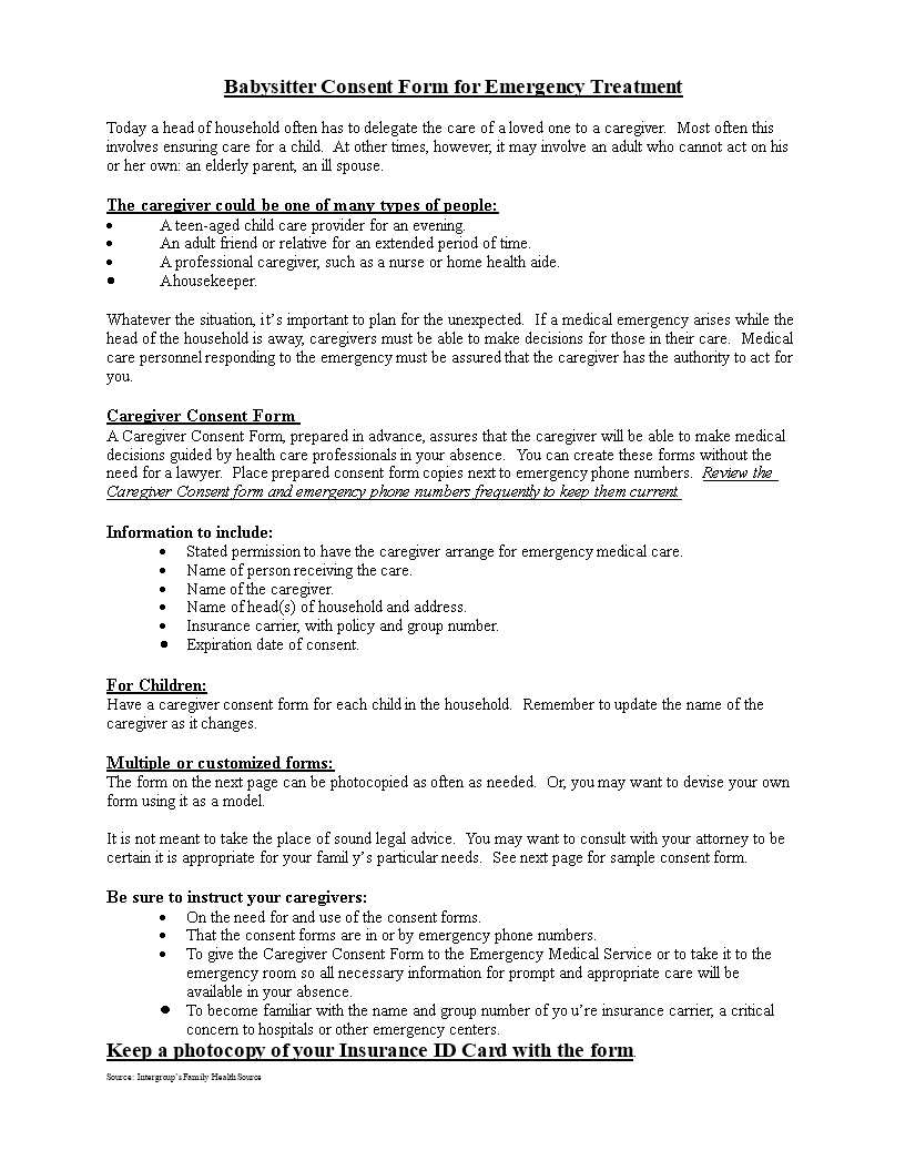 medical consent form for babysitter template