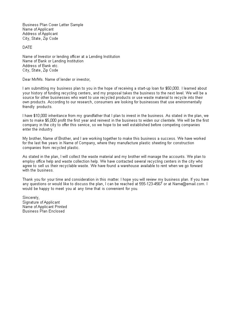 Kostenloses Business Plan Cover Letter With Regard To General Contractor Business Plan Template