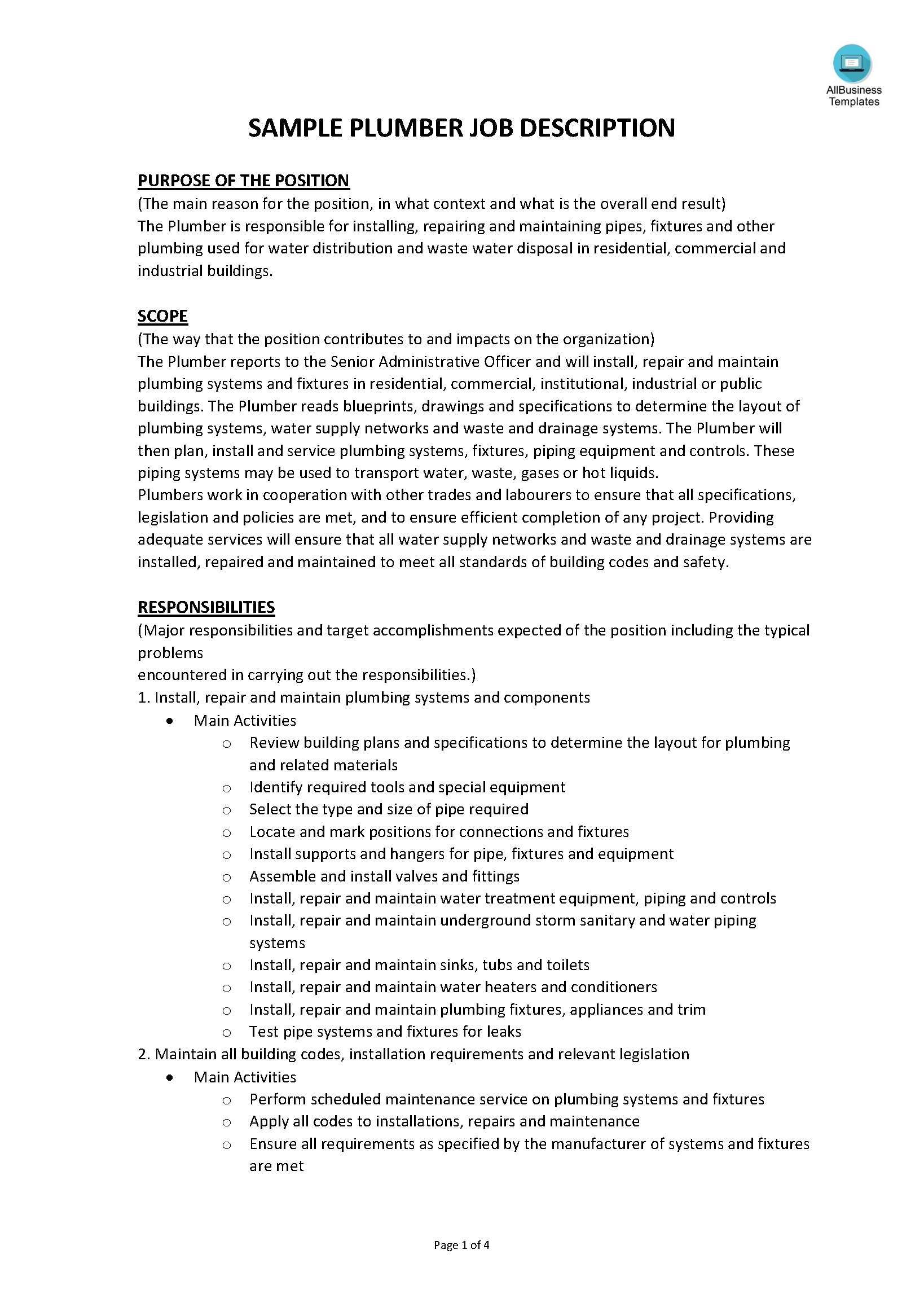 sample plumber job description template