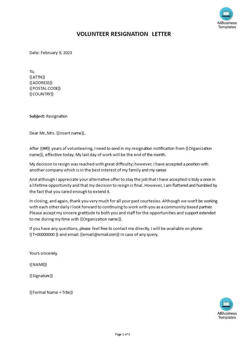 letter of volunteer resignation modèles
