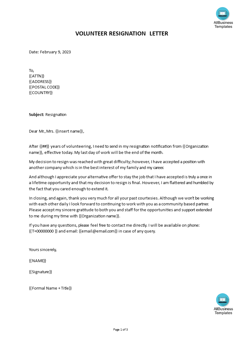 Letter Of Volunteer Resignation main image