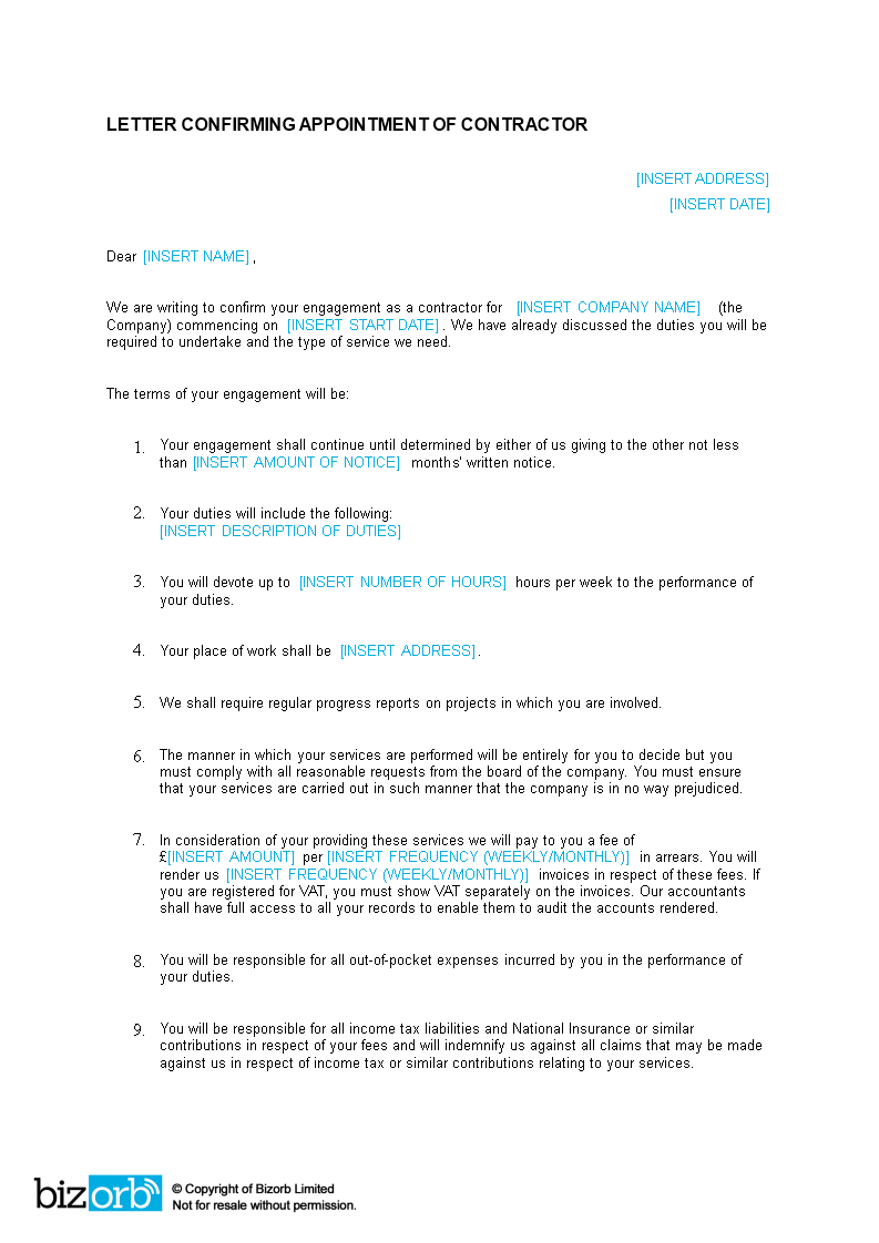 building contractor appointment letter template