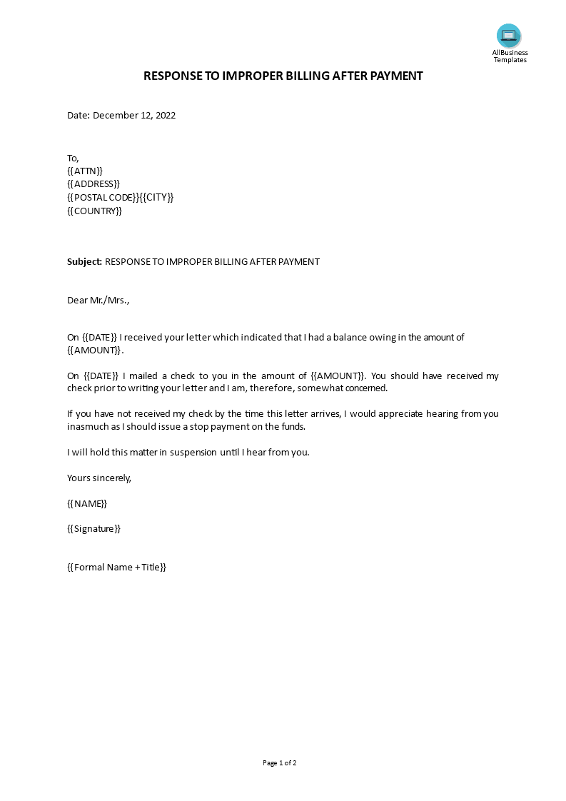 customer service - response to improper billing after payment voorbeeld afbeelding 