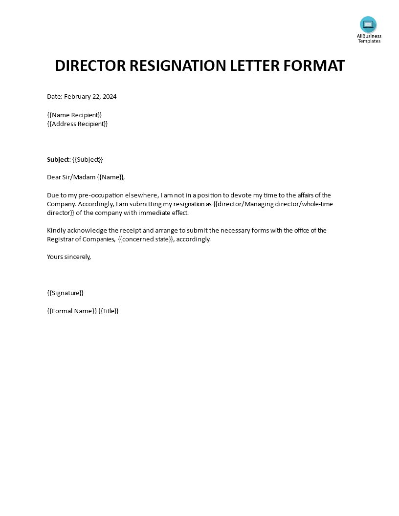 director resignation letter format voorbeeld afbeelding 