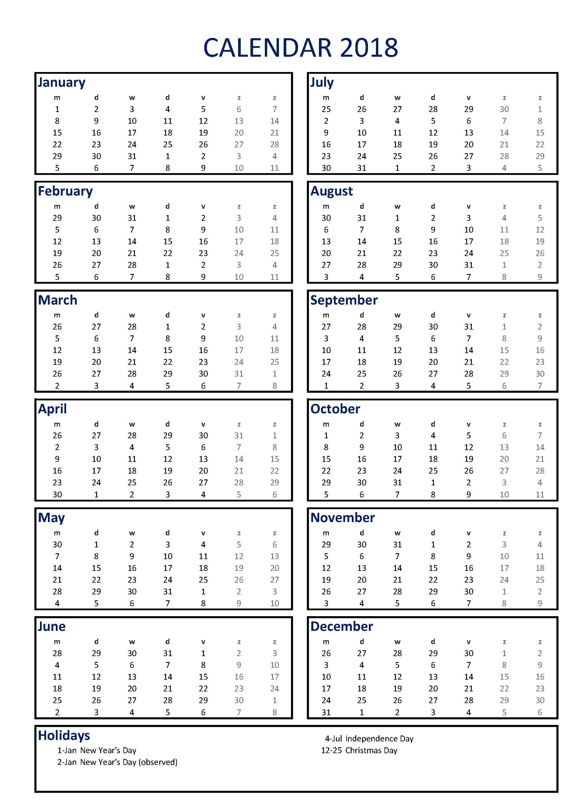 Print calendar 2018 A4 Portrait position in Excel 模板