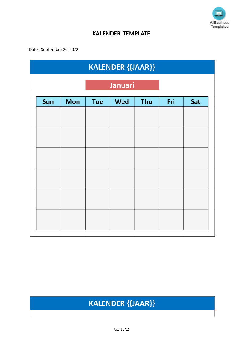 kalender template voorbeeld afbeelding 