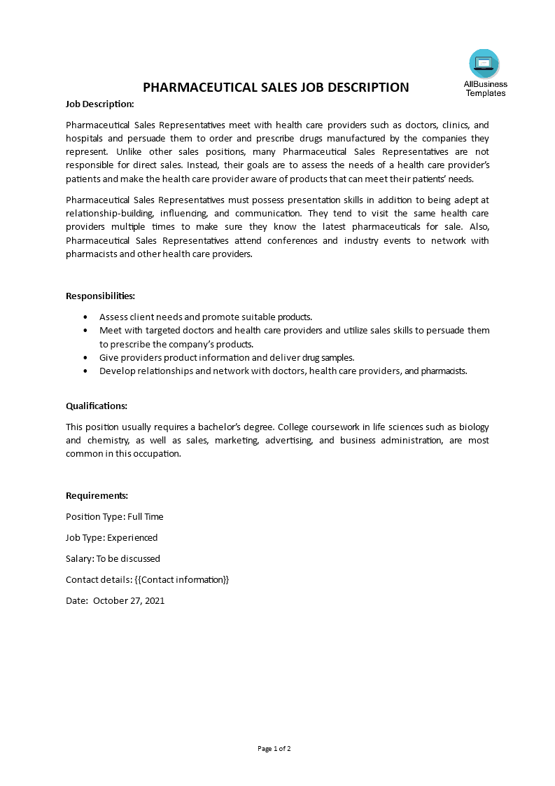 pharmaceutical sales job description template