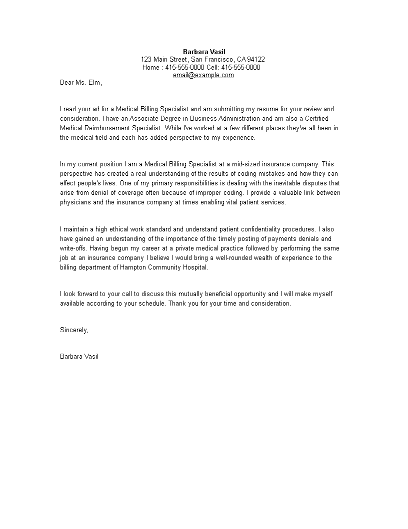 medical billing employee application letter modèles