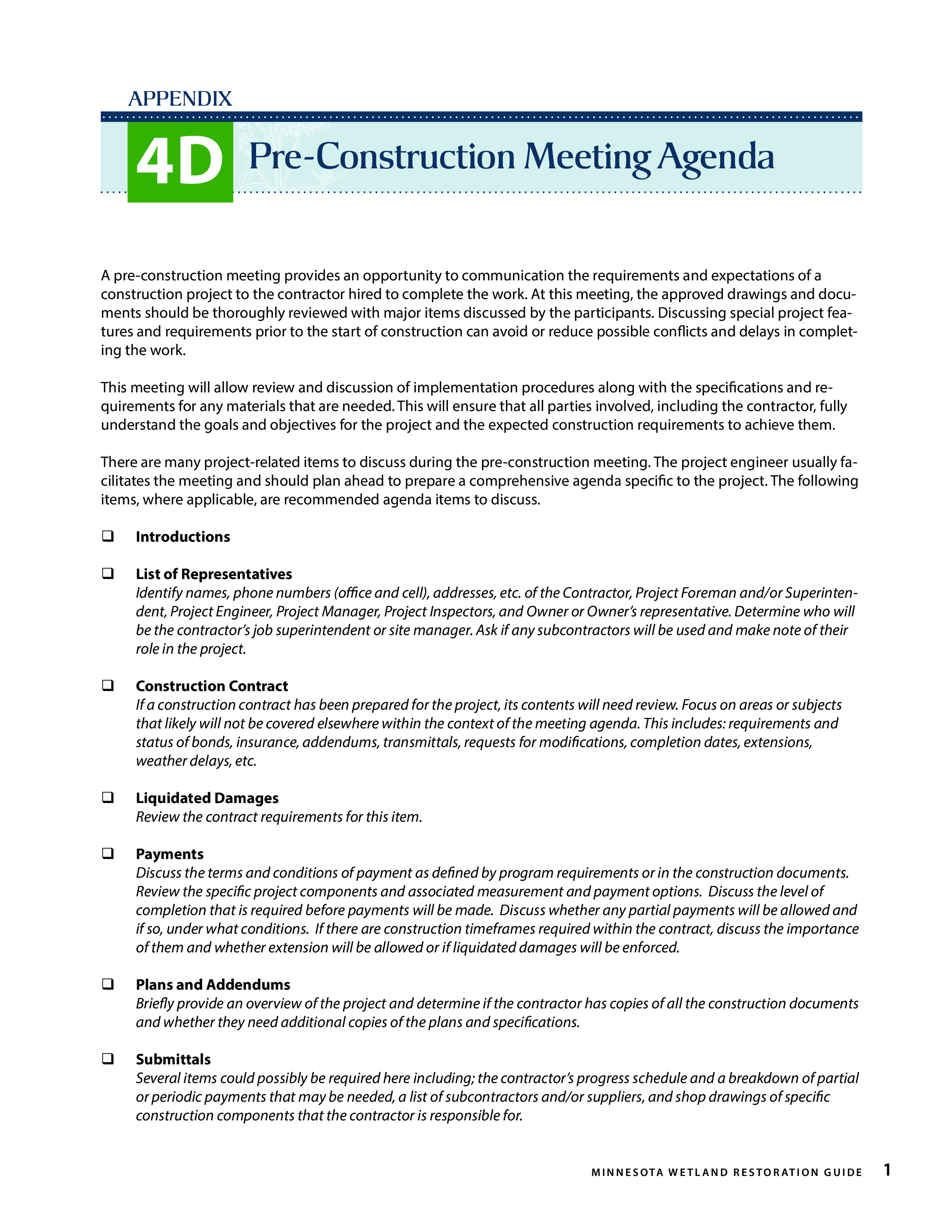 Pre Construction Meeting Agenda 模板