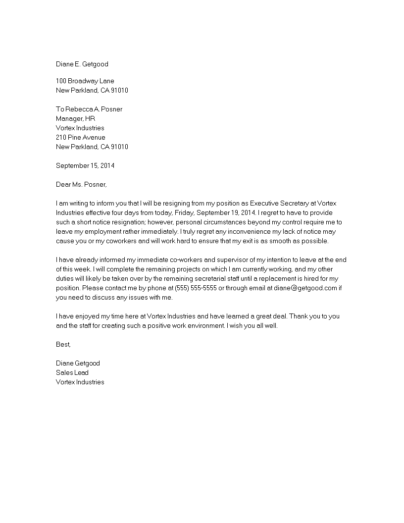 Short Notice Resignation Letter main image