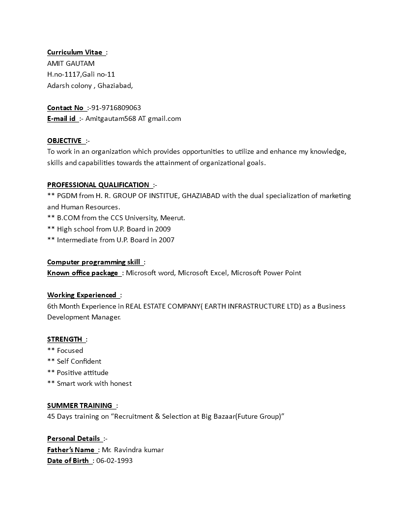 fresher hr manager resume template