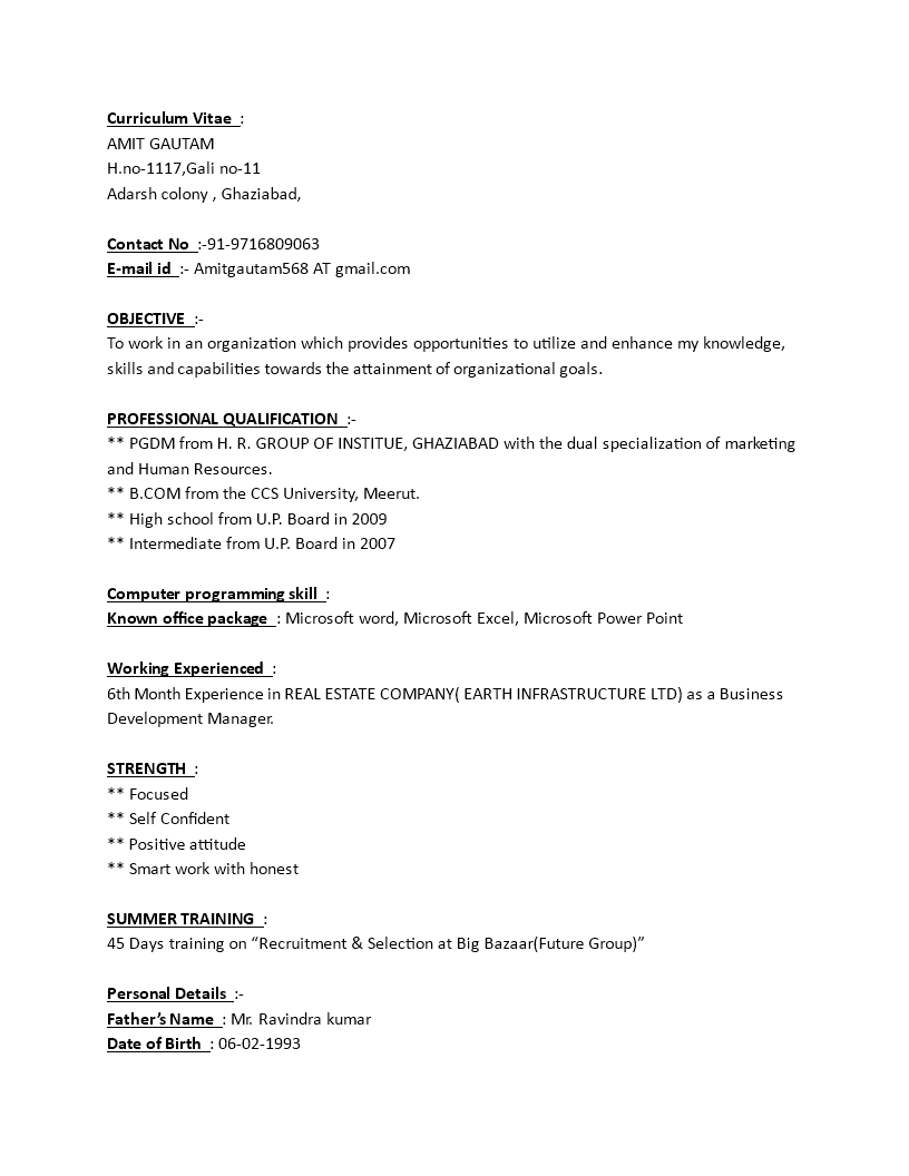 fresher hr manager resume modèles