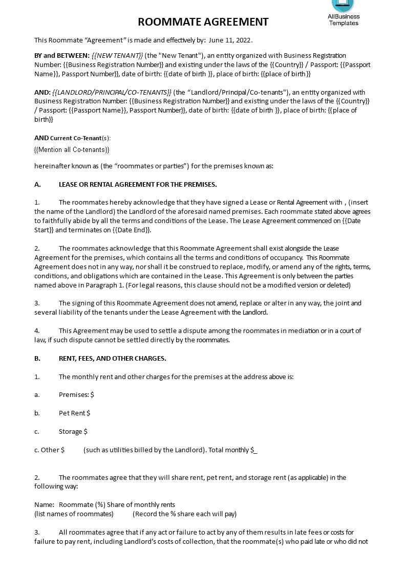 Kostenloses Roommate Lease Contract Inside bedroom rental agreement template