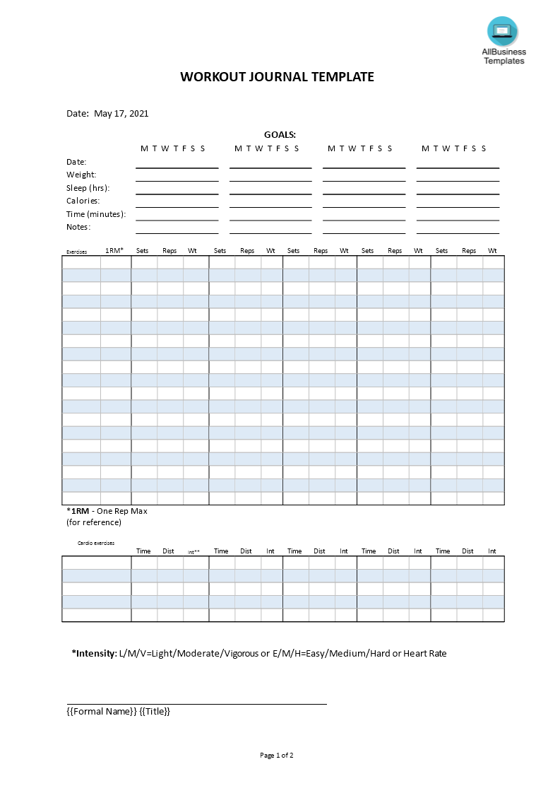 workout journal template voorbeeld afbeelding 