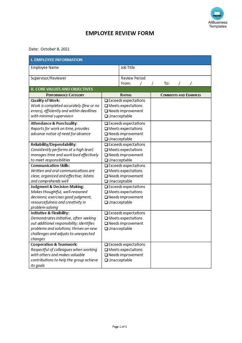 employee review form template