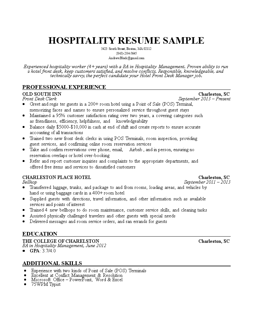 resume sample for hospitality industry