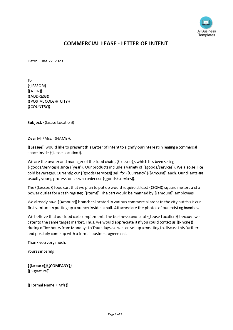 commercial lease letter of intent Hauptschablonenbild