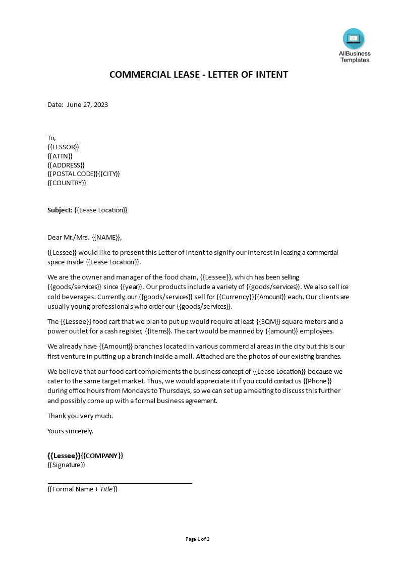 commercial lease letter of intent voorbeeld afbeelding 