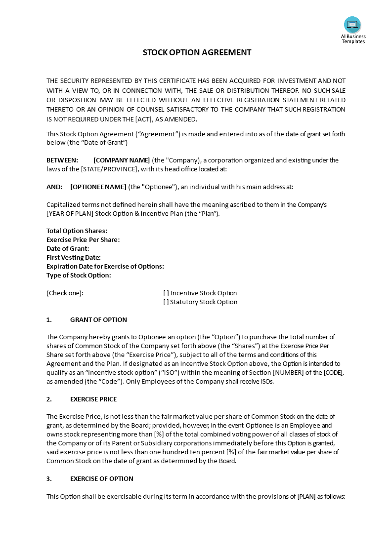 stock option agreement template