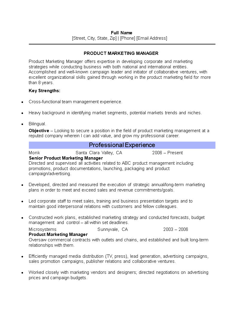 resume of product marketing manager template